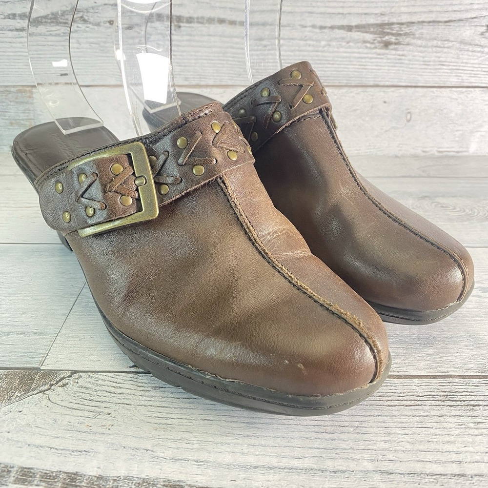 Clarks Bendables Heels Womens 9 M Brown Leather Slide On Casual Buckle Chic Boho